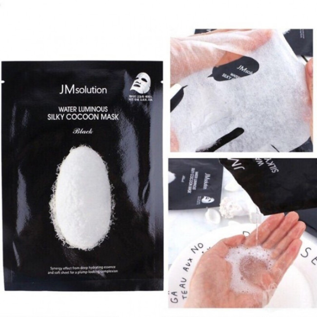 Тканинна маска для обличчя з чорним коконом JM Solution Water Luminous Silky Cocoon Mask Black, фото 3 Тканинна маска для обличчя з чорним коконом JM Solution Water Luminous Silky Cocoon Mask Black, фото 3